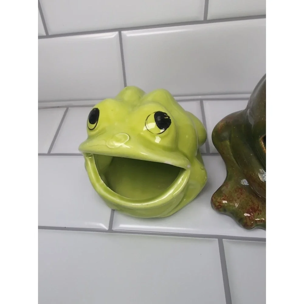 2 Vintage Frogs Ceramic Open Mouth Succulent Planters Pots Or Sponge Holders Set